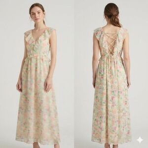 Vero Moda Pastel Floral Ruffle Maxi Dress with Lace-Up Back Size Small